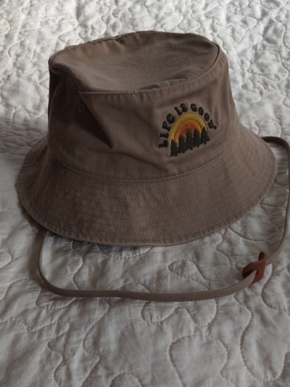Life Is Good Kids' Tan Bucket Hat with Rainbow Patch